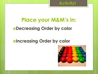 Activity!


   Place your M&M’s in:
Decreasing   Order by color

Increasing   Order by color
 