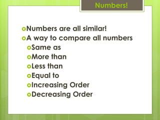 Numbers!


Numbers  are all similar!
A way to compare all numbers
 Same as
 More than
 Less than
 Equal to
 Increasing Order
 Decreasing Order
 