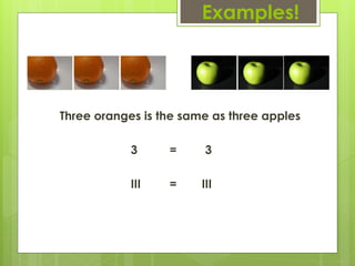Examples!




Three oranges is the same as three apples

            3     =      3

            III   =     III
 