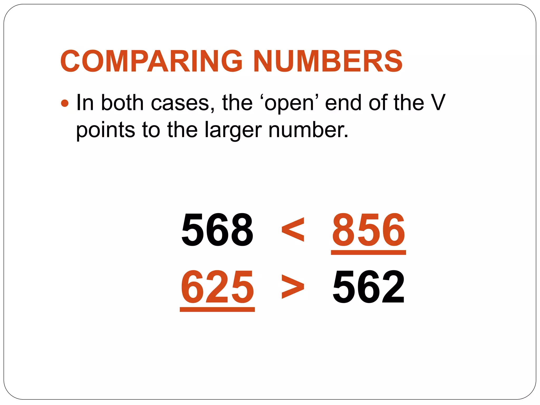 COMPARING NUMBERS
 In both cases, the ‘open’ end of the V
points to the larger number.
568 < 856
625 > 562
 