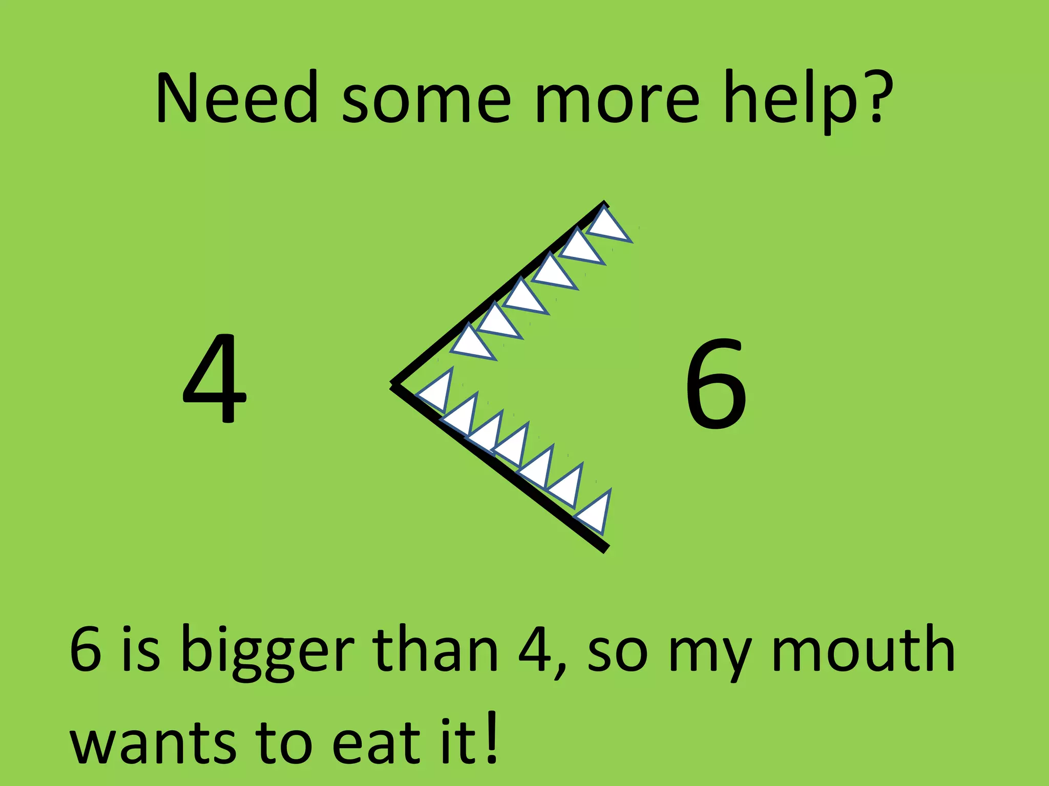 Need some more help?
64
6 is bigger than 4, so my mouth
wants to eat it!
 