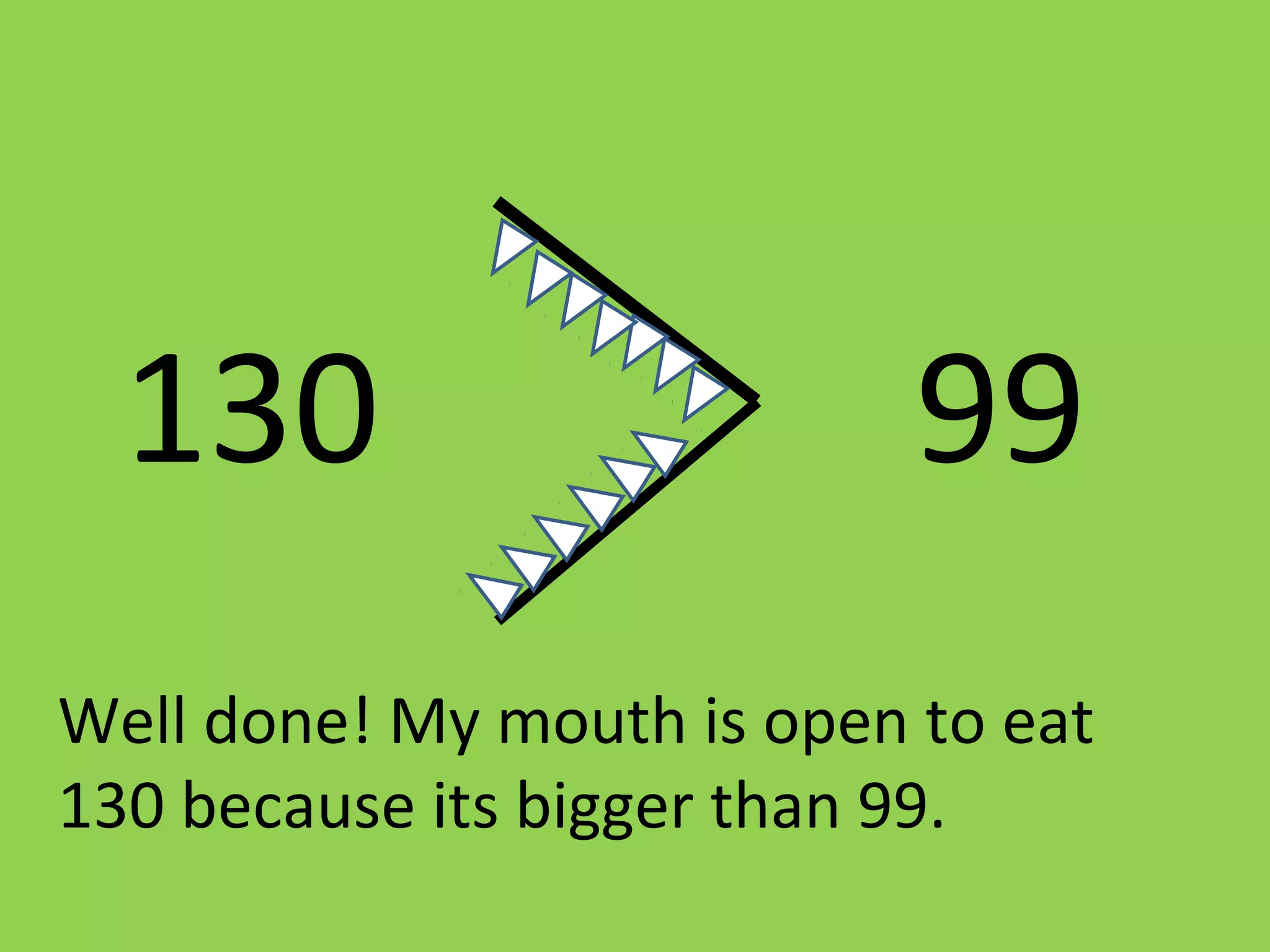 130 99
Well done! My mouth is open to eat
130 because its bigger than 99.
 