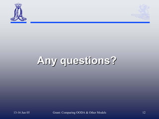 Any questions?



13-16 Jun 05     Grant: Comparing OODA & Other Models   12
 