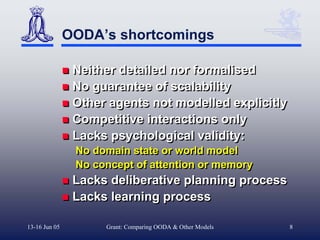 OODA’s shortcomings

                Neither detailed nor formalised
                No guarantee of scalability
                Other agents not modelled explicitly
                Competitive interactions only
                Lacks psychological validity:
                No domain state or world model
                No concept of attention or memory
                Lacks deliberative planning process
                Lacks learning process

13-16 Jun 05         Grant: Comparing OODA & Other Models   8
 