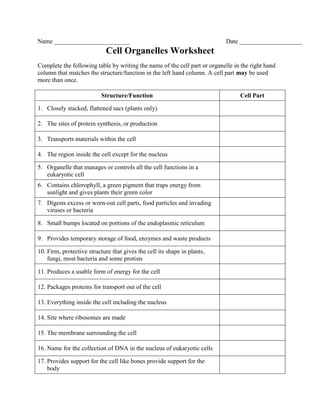 Name ________________________Date ____________________<br />Cell Organelles Worksheet<br />Complete the following table by writing the name of the cell part or organelle in the right hand column that matches the structure/function in the left hand column. A cell part may be used more than once.<br />Structure/FunctionCell PartClosely stacked, flattened sacs (plants only)The sites of protein synthesis, or productionTransports materials within the cellThe region inside the cell except for the nucleusOrganelle that manages or controls all the cell functions in a eukaryotic cellContains chlorophyll, a green pigment that traps energy from sunlight and gives plants their green colorDigests excess or worn-out cell parts, food particles and invading viruses or bacteriaSmall bumps located on portions of the endoplasmic reticulumProvides temporary storage of food, enzymes and waste productsFirm, protective structure that gives the cell its shape in plants, fungi, most bacteria and some protistsProduces a usable form of energy for the cellPackages proteins for transport out of the cellEverything inside the cell including the nucleusSite where ribosomes are madeThe membrane surrounding the cellName for the collection of DNA in the nucleus of eukaryotic cellsProvides support for the cell like bones provide support for the body<br />Drawing An Animal Cell<br />Directions: In the space provided below, draw an animal cell. Make sure to draw and label all of the parts listed below. Identify each part by coloring it the color indicated in the word box.  <br />cell membrane (yellow)nucleolus (blue)lysosome (green)cytoplasm (light green)mitochondria (orange)nucleus (red)ribosome (black)vacuole (brown)Golgi apparatus (pencil)centrioles (purple)Smooth and rough endoplasmic reticulum (pink)chromatin (pencil)<br /> <br />Animal Cell            <br /> <br />Drawing A Plant Cell<br /> <br />Directions: In the space provided below, draw a plant cell. Make sure to draw and label all of the parts listed below. Identify each part by coloring it the color indicated in the word box.  <br />cell membrane (yellow)cell wall (blue)chloroplast (green)cytoplasm (light green)mitochondria (orange)nucleus (red)ribosome (black)vacuole (brown)Golgi apparatus (pencil)smooth and rough endoplasmic reticulum (pink)chromatin (pencil)<br /> <br />Plant Cell            <br /> <br />Name ________________________Date ____________________                                        Comparing Plant And Animal CellsDirections: Complete the chart below, and then complete the Venn Diagram. Cell Part or OrganelleIs It Found In A Plant Cell?Is It Found In An Animal Cell?Cell Membrane  Cell Wall  Chloroplast  Chromatin  Cytoplasm  Endoplasmic Reticulum  Golgi apparatus  Lysosome  Mitochondria  Nucleus  Nuclear Membrane  Nucleolus  Ribosome  Vacuole  PLANT CELLANIMAL CELL<br />