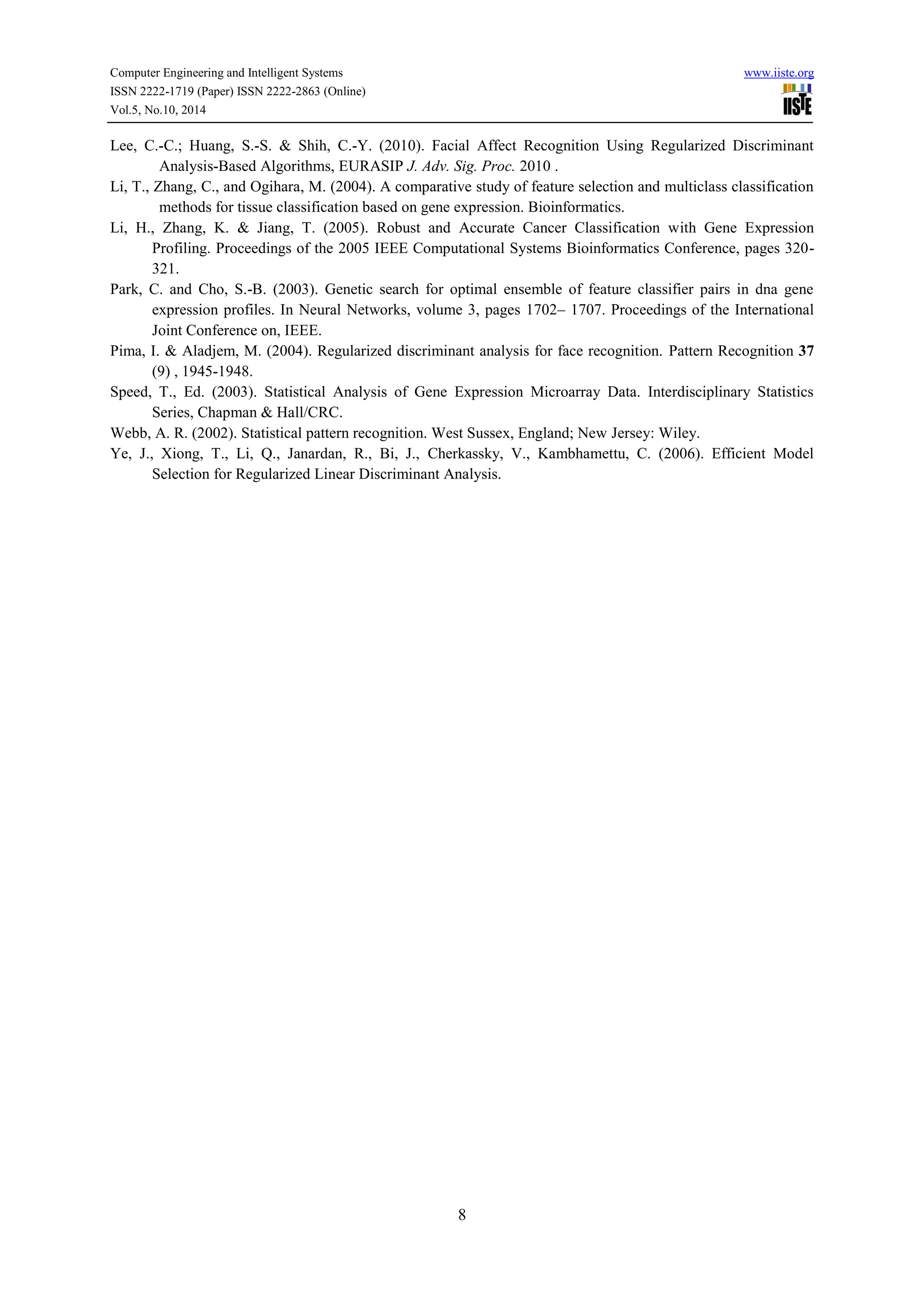 Computer Engineering and Intelligent Systems www.iiste.org
ISSN 2222-1719 (Paper) ISSN 2222-2863 (Online)
Vol.5, No.10, 2014
8
Lee, C.-C.; Huang, S.-S. & Shih, C.-Y. (2010). Facial Affect Recognition Using Regularized Discriminant
Analysis-Based Algorithms, EURASIP J. Adv. Sig. Proc. 2010 .
Li, T., Zhang, C., and Ogihara, M. (2004). A comparative study of feature selection and multiclass classification
methods for tissue classification based on gene expression. Bioinformatics.
Li, H., Zhang, K. & Jiang, T. (2005). Robust and Accurate Cancer Classification with Gene Expression
Profiling. Proceedings of the 2005 IEEE Computational Systems Bioinformatics Conference, pages 320-
321.
Park, C. and Cho, S.-B. (2003). Genetic search for optimal ensemble of feature classifier pairs in dna gene
expression profiles. In Neural Networks, volume 3, pages 1702– 1707. Proceedings of the International
Joint Conference on, IEEE.
Pima, I. & Aladjem, M. (2004). Regularized discriminant analysis for face recognition. Pattern Recognition 37
(9) , 1945-1948.
Speed, T., Ed. (2003). Statistical Analysis of Gene Expression Microarray Data. Interdisciplinary Statistics
Series, Chapman & Hall/CRC.
Webb, A. R. (2002). Statistical pattern recognition. West Sussex, England; New Jersey: Wiley.
Ye, J., Xiong, T., Li, Q., Janardan, R., Bi, J., Cherkassky, V., Kambhamettu, C. (2006). Efficient Model
Selection for Regularized Linear Discriminant Analysis.
 