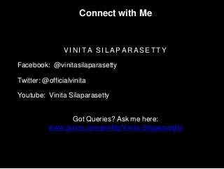 V I N I T A S I L A P A R A S E T T Y
Facebook: @vinitasilaparasetty
Twitter: @officialvinita
Youtube: Vinita Silaparasetty
Got Queries? Ask me here:
www.quora.com/profile/Vinita-Silaparasetty
Connect with Me
 