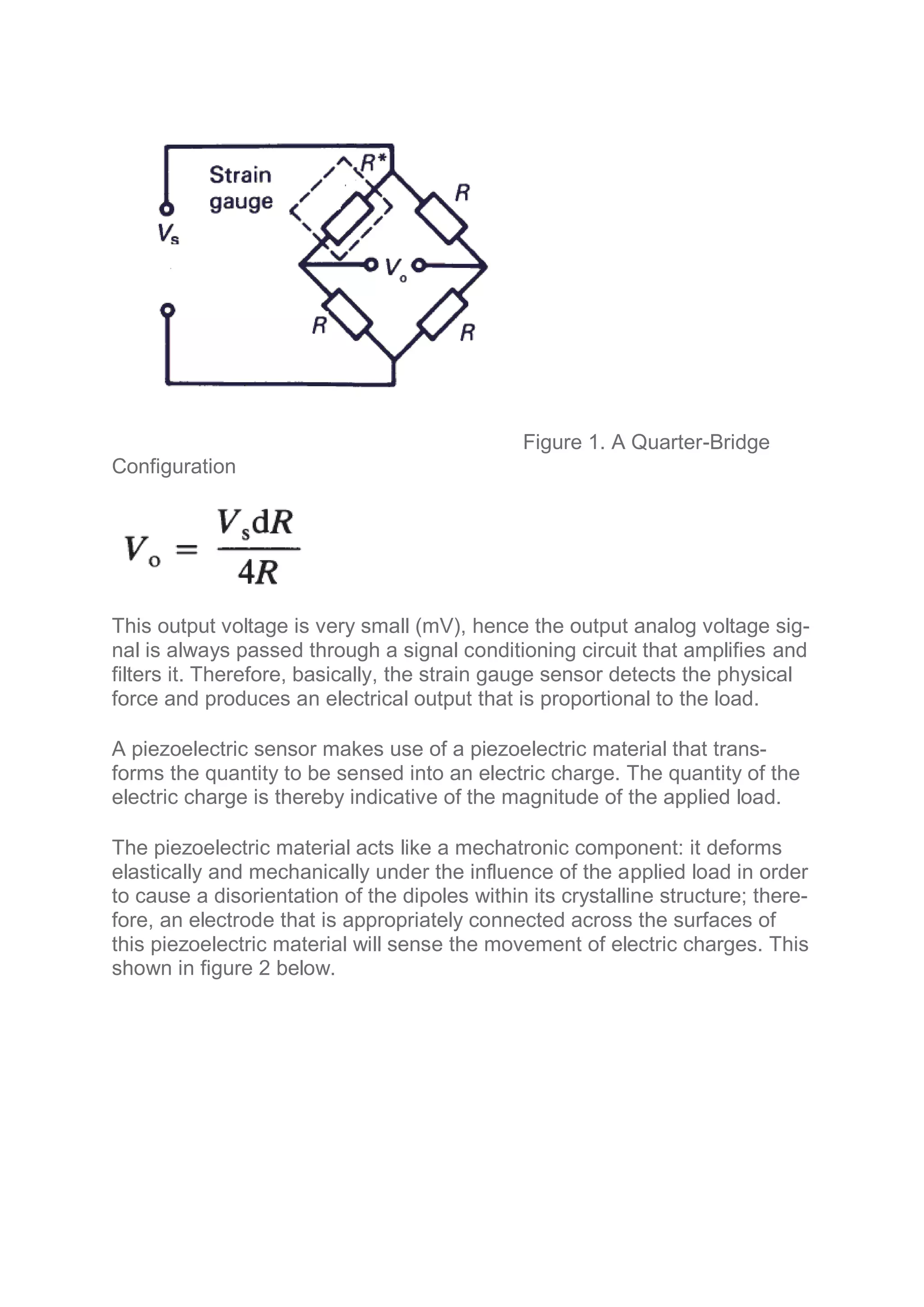 Figure 1. A Quarter-Bridge
Configuration
This output voltage is very small (mV), hence the output analog voltage sig-
nal is always passed through a signal conditioning circuit that amplifies and
filters it. Therefore, basically, the strain gauge sensor detects the physical
force and produces an electrical output that is proportional to the load.
A piezoelectric sensor makes use of a piezoelectric material that trans-
forms the quantity to be sensed into an electric charge. The quantity of the
electric charge is thereby indicative of the magnitude of the applied load.
The piezoelectric material acts like a mechatronic component: it deforms
elastically and mechanically under the influence of the applied load in order
to cause a disorientation of the dipoles within its crystalline structure; there-
fore, an electrode that is appropriately connected across the surfaces of
this piezoelectric material will sense the movement of electric charges. This
shown in figure 2 below.
 