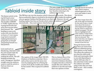 Colloquial tone set
                                                                              The main image shows Clarkson’s         through lexical use such as
                                                                              head just before the phrase ‘silly
     Tabloid inside story                                                     boy’ therefore showing to the
                                                                              audience that it’s him.
                                                                                                                      ‘silly’ which creates a
                                                                                                                      relaxed approach to the
                                                                                                                      story and makes it seem
                             The PM has a say over the situation which is featured in the article. This shows         less serious.
The feature article in the
top left hand corner         that an authoritive figure is involved in the situation which makes the audience
relates to the main story.   who are against Clarkson feel like power is on their side. However, the sub              The three images down the
The headline ‘JEREMY         heading implies that they are friends which makes the audience read it                   side of the page are featured
U-TURN’ implies that he      automatically – they want to know what he has to say.                                    for the story to give a visual
is going backwards and                                                                                                story about the events of
                                                                                                                      what happened throughout
away from success rather
                                                                                                                      the day which is typical of a
than forward. The                                                                                                     tabloid newspaper. The fact
heading is a pun as he                                                                                                they are highlighted with
works with cars therefore                                                                                             white outline it makes them
we know a U-turn means                                                                                                jump out to the audience so
to go back on yourself –                                                                                              they are attracted. This
implying that Jeremy is                                                                                               shows that they use images a
going back on himself                                                                                                 lot to draw the reader in
and putting himself in a                                                                                              instead of just the text.
bad position.                                                                                                        Along the bottom of the
                                                                                                                     page there are tweets from
Lexis used such as;                                                                                                  different celebrities giving
blundering, infuriates, inabi                                                                                        their opinion on the matter.
lity and warped make the                                                                                             This allows the audience to
audience intrigued in                                                                                                see what the celeb world
reading the article. The sub                                                                                         think and it persuades them
                                The caption of the image reads ‘I’M OFF,         This is a feature story of the
heading includes the                                                                                                 to one side depending on
                                Clarkson at Heathrow yesterday’ this is          main story as it is previous
word, ‘outrageous’ therefore                                                                                         which celeb says what. It
                                said as they want to stir the story even         rants from Clarkson therefore
straight away the audience                                                                                           also advertises twitter and if
                                more by implying that he is fleeing the          it implies that this is what he’s
wants to read the article to                                                                                         the audience see celebs
                                country from all the trouble and conflict        usually like and it allows the
find out what is so                                                                                                  using it then they are most
                                he has caused. This is typical of a tabloid      audience to see this and make
outrageous.                                                                                                          likely to join – this is media
                                story.                                           their own opinion on him.
                                                                                                                     convergence.
 
