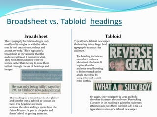 Broadsheet vs. Tabloid headings
                 Broadsheet                                                     Tabloid
The typography for this heading is only             Typically of a tabloid newspaper,
small and it mingles in with the other              the heading is in a large, bold
text. It isn’t created to stand out and             typography to attract its
attract anybody. This is typical of a               audience.
broadsheet as they assume that the
audience will read it no matter what.                 The heading includes a
They hook their audience with the                     pun which makes a
stories rather than having to draw them               joke about Clarkson. It
in first through the use of headings and              implies that the
images.                                               audience need hooking
                                                      to be interested in the
                                                      article therefore by
                                                      using informal lexis it
                                                      helps do this.




    The heading for a broadsheet is a lot plainer                 Yet again, the typography is large and bold
    and simpler than a tabloid as you can see                     therefore it attracts the audience. By mocking
    here. The headlines are more                                  Clarkson in the heading it gains the audiences
    serious, therefore adding a quote from the                    attention and puts them on their side. This is a
    Prime Minister. It gets to the point and                      typical convention of a tabloid newspaper.
    doesn’t dwell on getting attention.
 