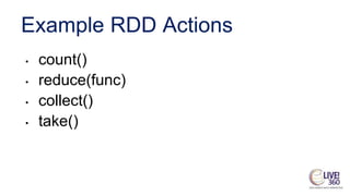 Example RDD Actions
• count()
• reduce(func)
• collect()
• take()
 