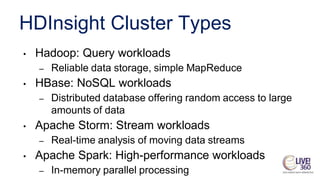 HDInsight Cluster Types
• Hadoop: Query workloads
– Reliable data storage, simple MapReduce
• HBase: NoSQL workloads
– Distributed database offering random access to large
amounts of data
• Apache Storm: Stream workloads
– Real-time analysis of moving data streams
• Apache Spark: High-performance workloads
– In-memory parallel processing
 