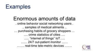 Examples
Enormous amounts of data
. online behavior social networking users .
.. samples of medical ailments ..
… purchasing habits of grocery shoppers …
…. crime statistics of cities ….
….. “internet of things” IoT…..
…… 24/7 out-patient monitor ……
……. real-time tele-metric devices …….
 