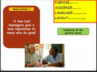 ‘A few bad
teenagers give a
bad reputation to
many who do good’
Read article 1
Underline all the
positive words
PURPOSEWhat is it for?
AUDIENCEWho is it for?
LANGUAGEWhat language is used?
LAYOUTHow is it set out on the page?
 