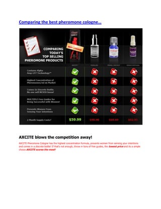 Comparing the best pheromone cologne… AXCITE blows the competition away! AXCITE Pheromone Cologne has the highest concentration formula, prevents women from sensing your intentions and comes in a discrete bottle! If that's not enough, throw in tons of free guides, the lowest price and its a simple choice.AXCITE scores the most! 