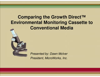 Comparing the Growth Direct™
Environmental Monitoring Cassette to
Conventional Media
Presented by: Dawn McIver
President, MicroWorks, Inc.
 