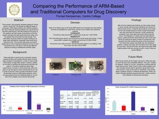 Comparing the Performance of ARM-Based
and Traditional Computers for Drug Discovery
Forrest Kamperman, Centre College
Abstract:
This summer I did computer hardware testing at Centre
with Dr. David Toth. We tested two different types of
computers, ARM based systems and x86/x64 systems.
We used molecular docking software as a benchmark to
test their performance, and also looked at the prices of
the systems and their power consumption to find the
system that gave the best performance per dollar, and
the system that consumed the least energy. This
information would be useful for anyone looking to do
large scale calculations, especially those doing drug
discovery work. This summer also gave me a good
opportunity to view if hardware testing is the kind of work
I would like to do in the future, and into the different
aspects of writing a professional scientific paper.
$45.03 $52.35
$510.36
$141.23
$32.98
$0
$100
$200
$300
$400
$500
$600
8-core System (x64) 64-core System (x64) Raspberry Pi (ARM) Cubieboard2 (ARM) Odroid U3
(ARM)
Cost
Computer
Hardware Cost To Screen 10,000 Compounds in 24 Hours
0.28
0.15
0.60
0.11
0.06
0.00
0.10
0.20
0.30
0.40
0.50
0.60
0.70
8-core System (x64) 64-core System (x64) Raspberry Pi (ARM) Cubieboard2 (ARM) Odroid U3
(ARM)
Power(kWh)
Computer
Power Consumed Per 10,000 Compounds Screened
Raspberry Pi Model
B
Cubieboard2 Odroid U3
Background:
There has been a recent push in computer science
towards finding more energy efficient ways of doing
large numbers of calculations, in order to lower power
consumption at large data centers. However, people
do not want to sacrifice the performance that they are
used to. One field in particular where high
performance is critical is virtual screening, where the
goal is to go through as many compounds as you can
in order to narrow it down to those most likely to work.
We decided to test out ARM based systems, which
are less powerful than the traditonal systems, but are
also much cheaper, and consume less power.
Devices:
Most of my testing was on the three ARM based mini-computers we were testing.
All three are available for under $100, and are much smaller than traditional
systems.
Cubieboard2:
This device costs around $75, contains two cores and 1 GB of RAM.
Raspberry Pi:
This is the best known device, but we found it to be the worst of the three. It costs
around $50, contains only a single core and has 512 MB of RAM.
Odroid U3:
This device cost a little over $75, and was the best system in our testing. It has
four cores, and has 2 GB of RAM.
Future Work:
After having worked at the Oregon Governor’s office last year,
my work this year was completely different. This year I worked
on research, mostly on my own, compared to working with the
public last summer. What I found is that I prefer research and
the computer science field in general to government work.
Next summer I hope to find work an internship in the private
sector, hopefully working in software development. While I do
prefer hardware testing to government work, I prefer working
with software to working with hardware.
System Cost
Compounds
Screened in
24 hours
Power (KWH)
consumed in
24 hours
Compounds
Screened
per KWH
Compounds
Screened per
Dollar in 24
Hours
64-Core
Server $5,015.01 960,116 14.91 64,394 191
8-core x86 $650.00 144,390 4.04 35,740 222
Odroid $76.50 23,853 0.14 170,379 312
CubieBoard2 $78.50 5,555 0.06 92,585 71
Raspberry Pi $51.00 999 0.06 16,655 20
Findings:
After all of our testing was finished, we had a clear winner.
In terms of both cost and power efficiency, the Odroid U3
was the clear winner. It required about half as much power
as the next closest device to screen 10,000 compounds,
and cost more than $10 less per 10,000 compounds
screened. Even more clear was which device was the
worst. The Raspberry Pi clearly was the least efficient
device, costing more than three times as much as the next
device to produce the same number of compounds, and
required more than double the power of the next device.
The Odroid also clearly was better than the traditional
systems, costing much less, and providing much more bang
for your buck. To build off of this, we hope to test other ARM
based systems that are coming out soon, to see if they are
just as efficient.
 