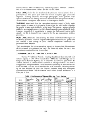 International Journal of Mechanical Engineering and Technology (IJMET), ISSN 0976 – 6340(Print),
ISSN 0976 – 6359(Online) Volume 2, Issue 2, May- July (2011), © IAEME

Schulz [1974], studied the size distribution of sub-micron particles emitted from a
pulverized coal fired power plant and were measure using two types of cascade
impactors. Scanning electronic microscope photographs shows particles were
spherical with mean size entering and leaving the electrostatic precipitator of 5 and 21/4 micrometers although the slope of curve for each impactor differed.
Neal [1980], abbreviated about the conventional automatic control of boiler outlet
steam pressure by means of the demand to the pulverized fuel mills has been found to
be unstable on some coal fired-boiler turbine units. The frequency response of mills
and boiler are obtained from tests in which the mill demand was perturbed with single
frequency sinusoids. It is impracticable to measure the fuel output from the mills
directly, but this is inferred from oxygen in the flue gas measurement coal/ash
properties.
Doglin [2001], abbreviated after reviewing the current combustion technologies for
the burning pulverized coal with frequent and large fluctuation in coal quality and
load demand, a new concept of quasi –constant temperature combustion for
pulverized coal is purposed.
There are more than fifty researchers whose research in the same field. The main aim
of their research is to conserved the energy for future and reduce the energy loss
during transformations from one form to other.
3.0 INTRODUCTION TO THERMAL POWER PLANT
Thermal Power Station Panipat, a bunching of eight individual units with total
installed capacity of 1360 MW is located about 8 KM in the west of Panipat city on
Panipat-Hissar National Highway and is surrounded by cultivated green fields. In
addition, 640 acres of saline wasteland is earmarked for disposal of ash. The plant is
equipped with a huge residential colony to ensure availability of staff and officers
round the clock. Unit No. 1 was commissioned on 1st November, 1979 Haryana day
by the then President of India Shri Neelam Sanjeeva Reddy with subsequent
commissioning of Units. Table 1 shows the overall means the total performance of 8
Units year by year.
Table 1. Performance of Panipat Thermal Power Station
Year

Generation
(MW)

2000-01
2001-02
2002-03
2003-04
2004-05
2005-06
2006-07
2007-08
2008-09
2009-10

2868.835
2656.030
2856.040
2727.994
4123.94
4992.264
5949.260
5756.5968
8135.6993
9908.1265

Plant Load Auxiliary
Factor (%) Cons. (%)
50.38
46.65
50.02
47.91
61.86
66.26
78.75
71.14
68.53
83.17

11.80
11.75
11.41
11.43
10.67
10.14
10.08
10.74
9.79
9.48

114

Oil
Coal
Consumption Consumption
(ml/kwh)
(kg/kwh)
13.72
0.828
14.22
0.824
6.89
0.784
6.23
0.791
3.04
0.769
3.49
0.745
3.21
0.744
3.90
0.762
3.56
0.714
1.39
0.699

 