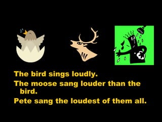 The bird sings loudly.
The moose sang louder than the
bird.
Pete sang the loudest of them all.
 