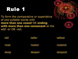Rule 1
 
tall taller tallest
neat neater neatest
deep deeper deepest
To form the comparative or superlative
of one syllable words with
more than one vowel OR ending
with more than one consonant at the
add -er OR -est.
 