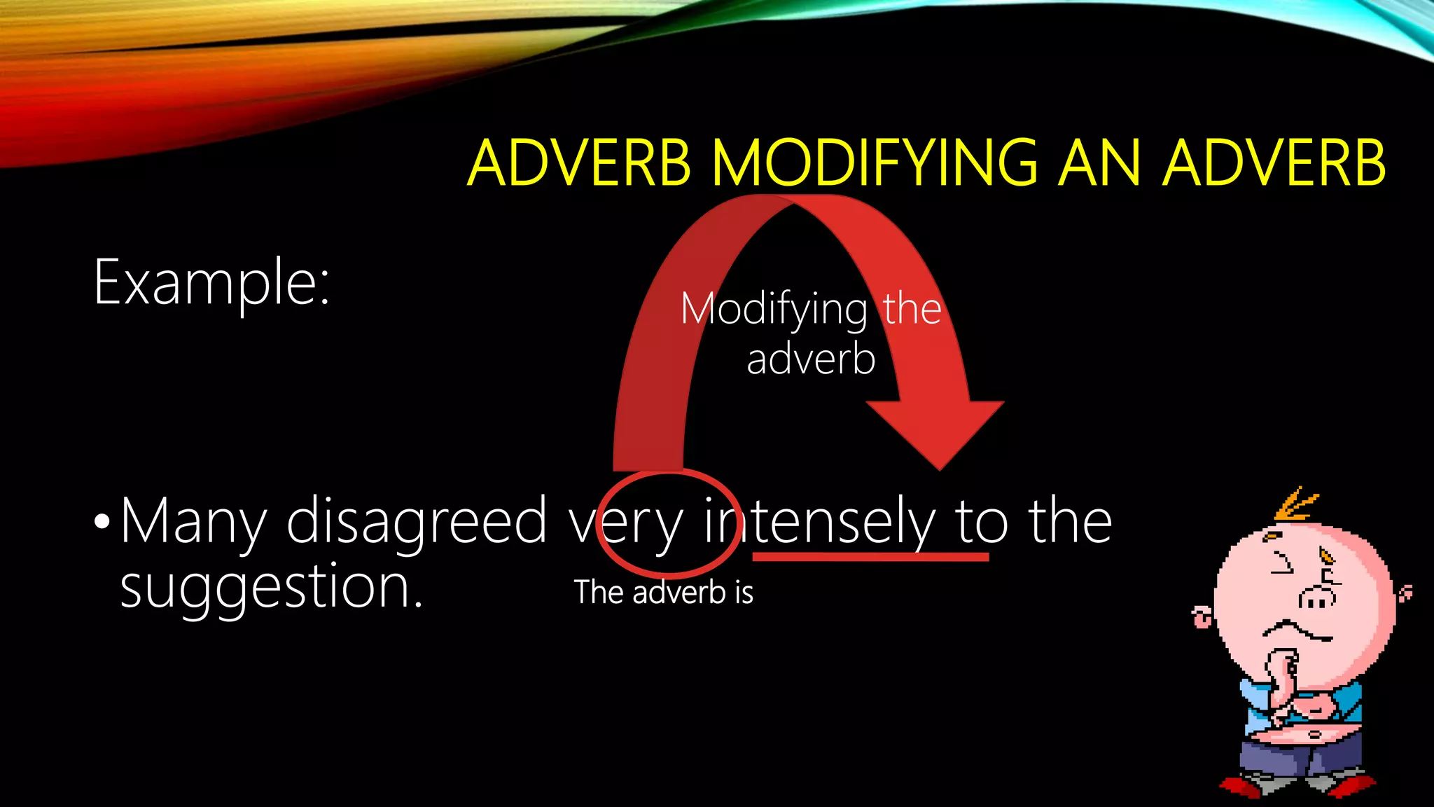 ADVERB MODIFYING AN ADVERB
Example:
•Many disagreed very intensely to the
suggestion.
Modifying the
adverb
The adverb is
 