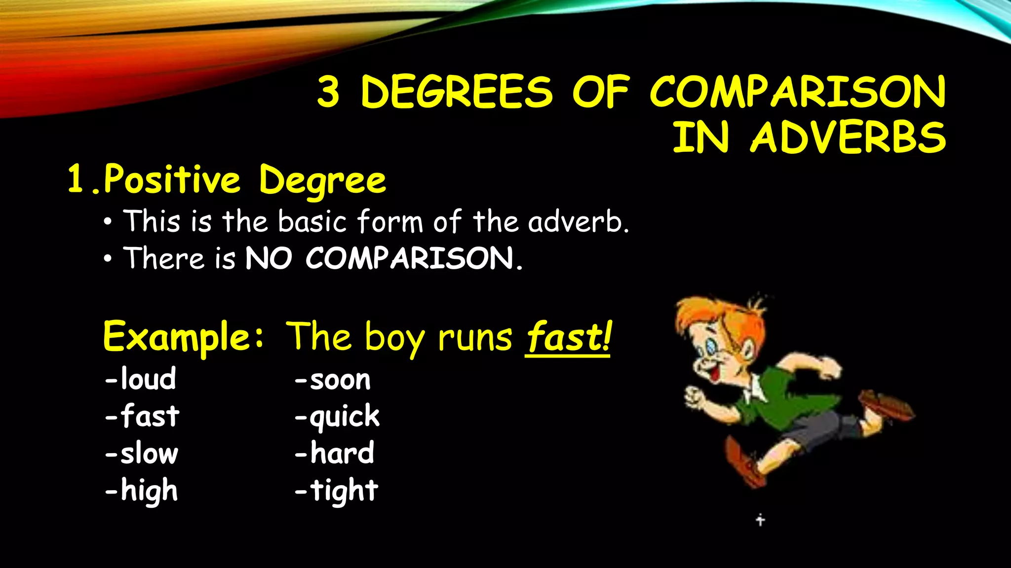 3 DEGREES OF COMPARISON
IN ADVERBS
1.Positive Degree
• This is the basic form of the adverb.
• There is NO COMPARISON.
Example: The boy runs fast!
-loud -soon
-fast -quick
-slow -hard
-high -tight
 