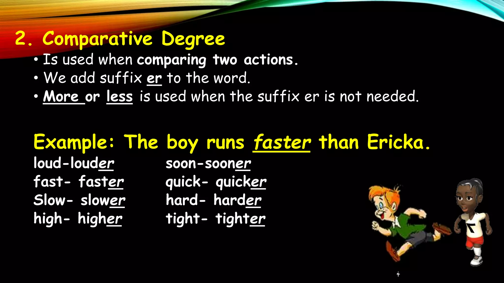 2. Comparative Degree
• Is used when comparing two actions.
• We add suffix er to the word.
• More or less is used when the suffix er is not needed.
Example: The boy runs faster than Ericka.
loud-louder soon-sooner
fast- faster quick- quicker
Slow- slower hard- harder
high- higher tight- tighter
 