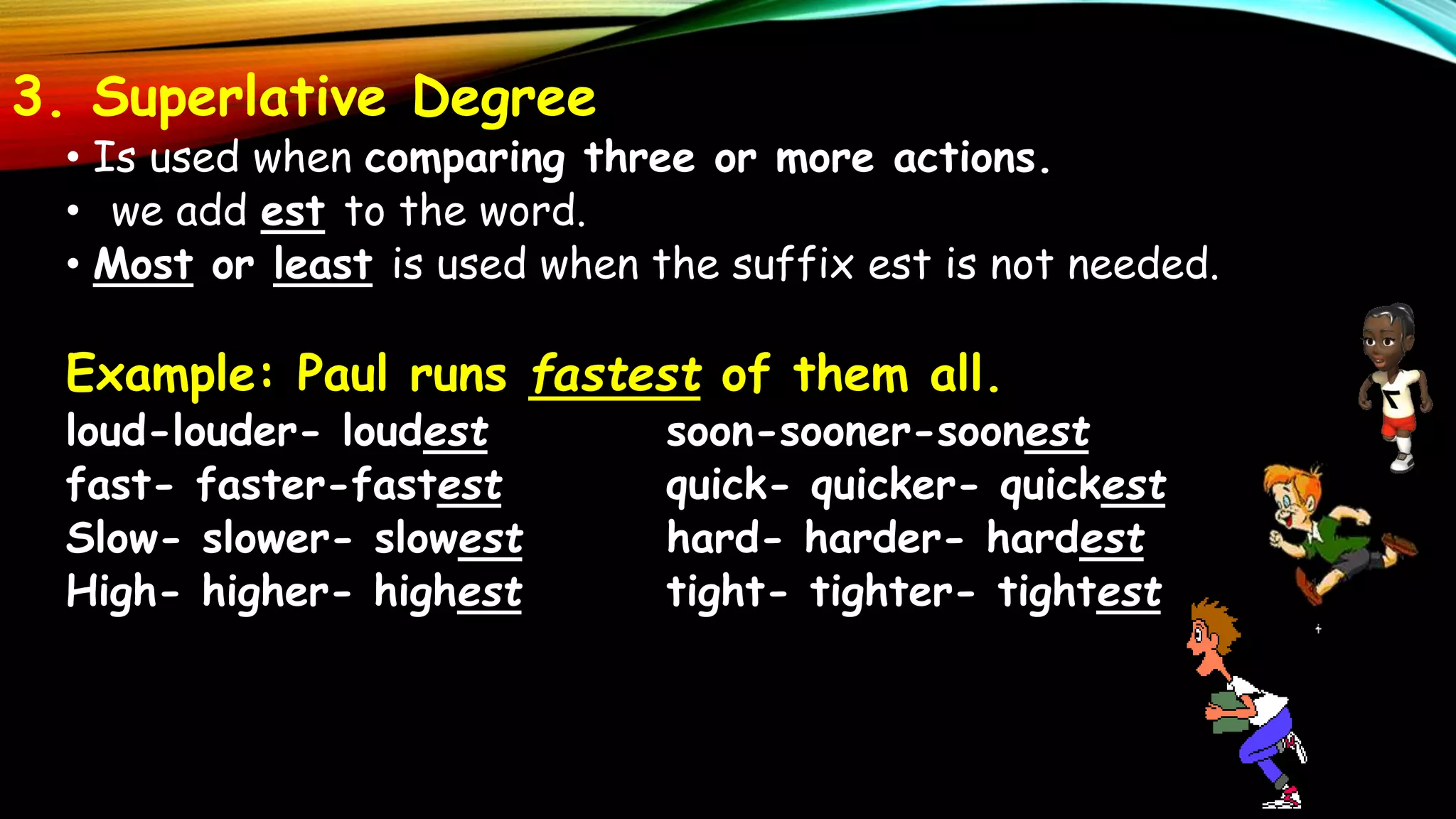 3. Superlative Degree
• Is used when comparing three or more actions.
• we add est to the word.
• Most or least is used when the suffix est is not needed.
Example: Paul runs fastest of them all.
loud-louder- loudest soon-sooner-soonest
fast- faster-fastest quick- quicker- quickest
Slow- slower- slowest hard- harder- hardest
High- higher- highest tight- tighter- tightest
 