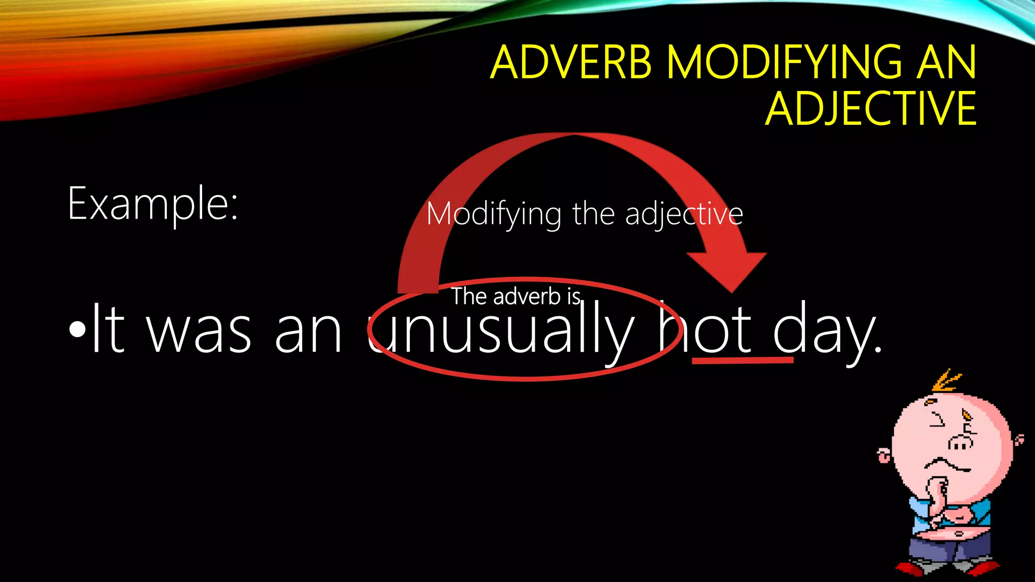 ADVERB MODIFYING AN
ADJECTIVE
Example:
•It was an unusually hot day.
Modifying the adjective
The adverb is
 