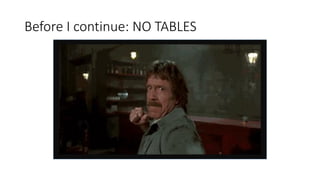 Before I continue: NO TABLES
 