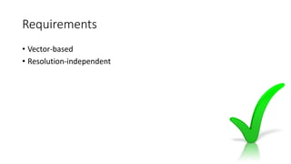 Requirements
• Vector-based
• Resolution-independent
 