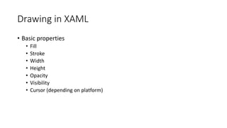 Drawing in XAML
• Basic properties
• Fill
• Stroke
• Width
• Height
• Opacity
• Visibility
• Cursor (depending on platform)
 