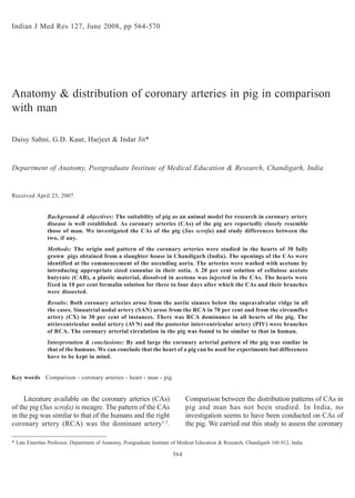 Literature available on the coronary arteries (CAs)
of the pig (Sus scrofa) is meagre. The pattern of the CAs
in the pig was similar to that of the humans and the right
coronary artery (RCA) was the dominant artery1-3
.
Anatomy & distribution of coronary arteries in pig in comparison
with man
Daisy Sahni, G.D. Kaur, Harjeet & Indar Jit*
Department of Anatomy, Postgraduate Institute of Medical Education & Research, Chandigarh, India
Received April 23, 2007
Background & objectives: The suitability of pig as an animal model for research in coronary artery
disease is well established. As coronary arteries (CAs) of the pig are reportedly closely resemble
those of man. We investigated the CAs of the pig (Sus scrofa) and study differences between the
two, if any.
Methods: The origin and pattern of the coronary arteries were studied in the hearts of 30 fully
grown pigs obtained from a slaughter house in Chandigarh (India). The openings of the CAs were
identified at the commencement of the ascending aorta. The arteries were washed with acetone by
introducing appropriate sized cannulae in their ostia. A 20 per cent solution of cellulose acetate
butyrate (CAB), a plastic material, dissolved in acetone was injected in the CAs. The hearts were
fixed in 10 per cent formalin solution for three to four days after which the CAs and their branches
were dissected.
Results: Both coronary arteries arose from the aortic sinuses below the supravalvular ridge in all
the cases. Sinuatrial nodal artery (SAN) arose from the RCA in 70 per cent and from the circumflex
artery (CX) in 30 per cent of instances. There was RCA dominance in all hearts of the pig. The
atrioventricular nodal artery (AVN) and the posterior interventricular artery (PIV) were branches
of RCA. The coronary arterial circulation in the pig was found to be similar to that in human.
Interpretation & conclusions: By and large the coronary arterial pattern of the pig was similar in
that of the humans. We can conclude that the heart of a pig can be used for experiments but differences
have to be kept in mind.
Key words Comparison - coronary arteries - heart - man - pig
Comparison between the distribution patterns of CAs in
pig and man has not been studied. In India, no
investigation seems to have been conducted on CAs of
the pig. We carried out this study to assess the coronary
Indian J Med Res 127, June 2008, pp 564-570
564
* Late Emeritus Professor, Department of Anatomy, Postgraduate Institute of Medical Education & Research, Chandigarh 160 012, India
 