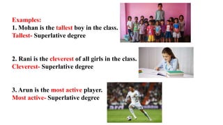 Examples:
1. Mohan is the tallest boy in the class.
Tallest- Superlative degree
2. Rani is the cleverest of all girls in the class.
Cleverest- Superlative degree
3. Arun is the most active player.
Most active- Superlative degree