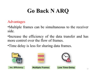 Go Back N ARQ
Advantages
•Multiple frames can be simultaneous to the receiver
side.
•Increase the efficiency of the data transfer and has
more control over the flow of frames.
•Time delay is less for sharing data frames.
22
 