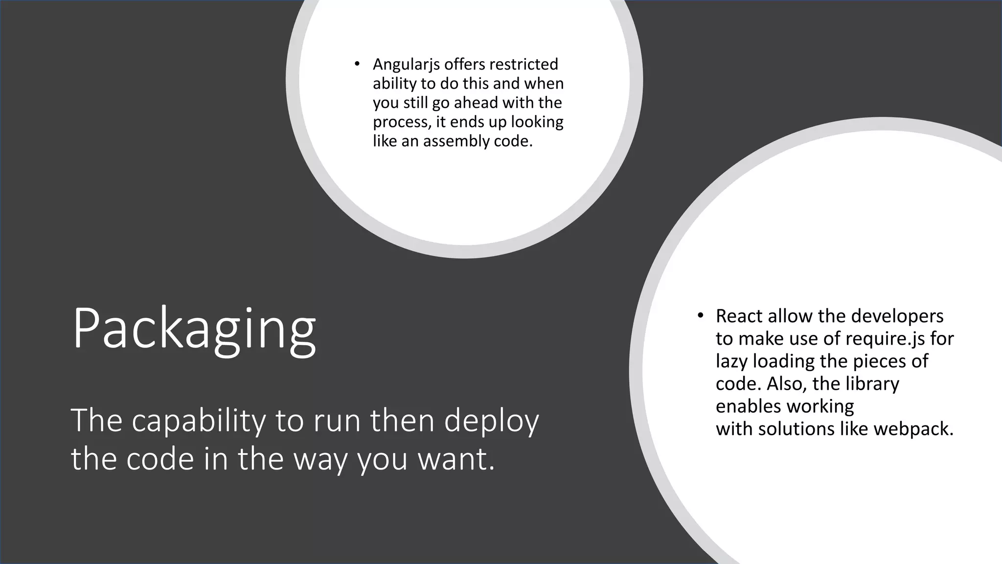 Packaging The capability to run then deploy the code in the way you want. • Angularjs offers restricted ability to do this and when you still go ahead with the process, it ends up looking like an assembly code. • React allow the developers to make use of require.js for lazy loading the pieces of code. Also, the library enables working with solutions like webpack. 