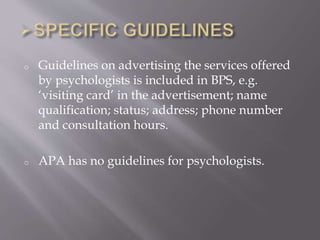 Comparision between bps and apa ethical guidelines 1 | PPTX