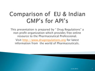 This presentation is prepared by “ Drug Regulations” a
  non profit organization which provides free online
     resource to the Pharmaceutical Professional.
    Visit http://www.drugregulations.org for latest
   information from the world of Pharmaceuticals.




                                            2/23/2013    1
 