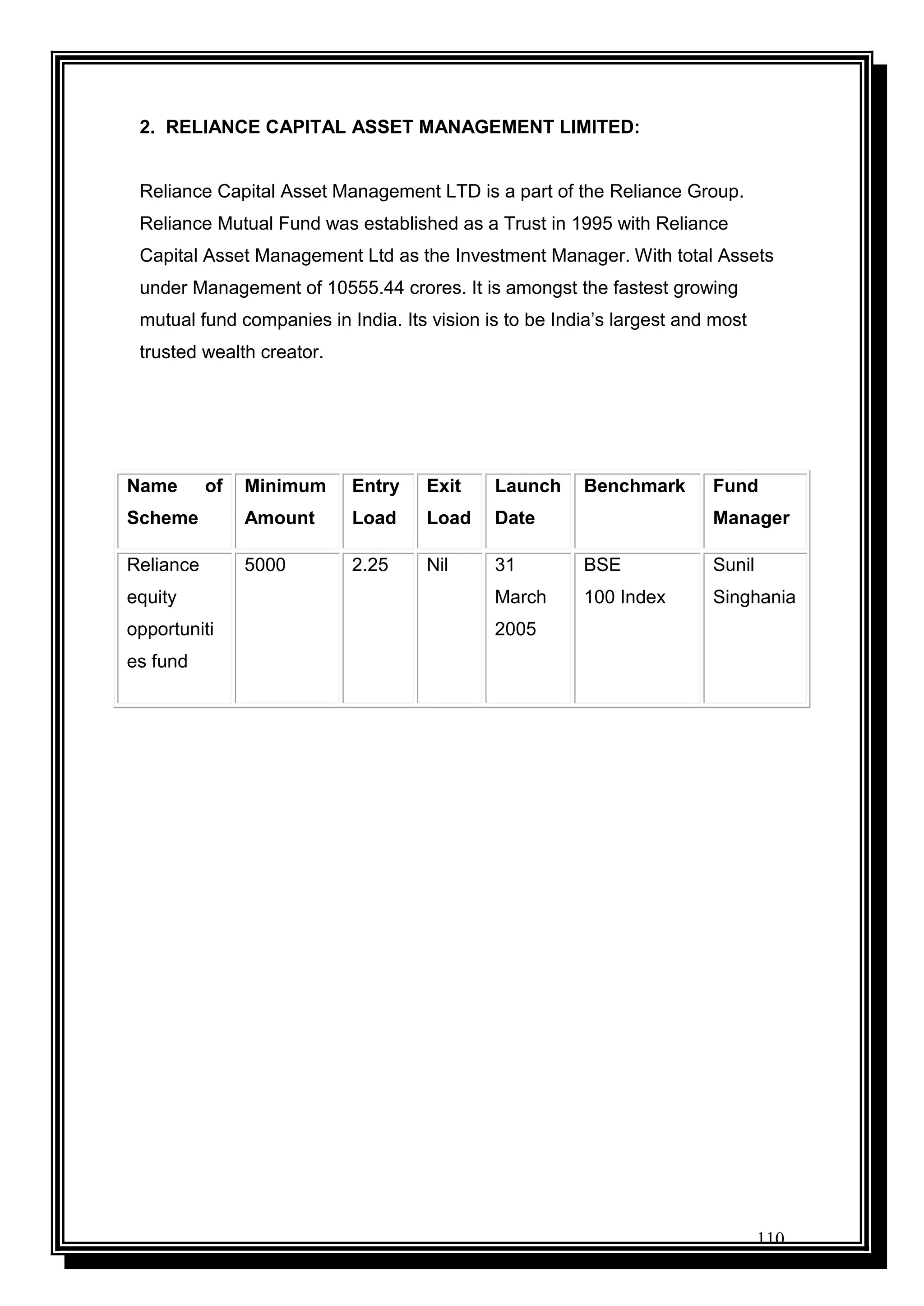110
2. RELIANCE CAPITAL ASSET MANAGEMENT LIMITED:
Reliance Capital Asset Management LTD is a part of the Reliance Group.
Reliance Mutual Fund was established as a Trust in 1995 with Reliance
Capital Asset Management Ltd as the Investment Manager. With total Assets
under Management of 10555.44 crores. It is amongst the fastest growing
mutual fund companies in India. Its vision is to be India‟s largest and most
trusted wealth creator.
Name of
Scheme
Minimum
Amount
Entry
Load
Exit
Load
Launch
Date
Benchmark Fund
Manager
Reliance
equity
opportuniti
es fund
5000 2.25 Nil 31
March
2005
BSE
100 Index
Sunil
Singhania
 