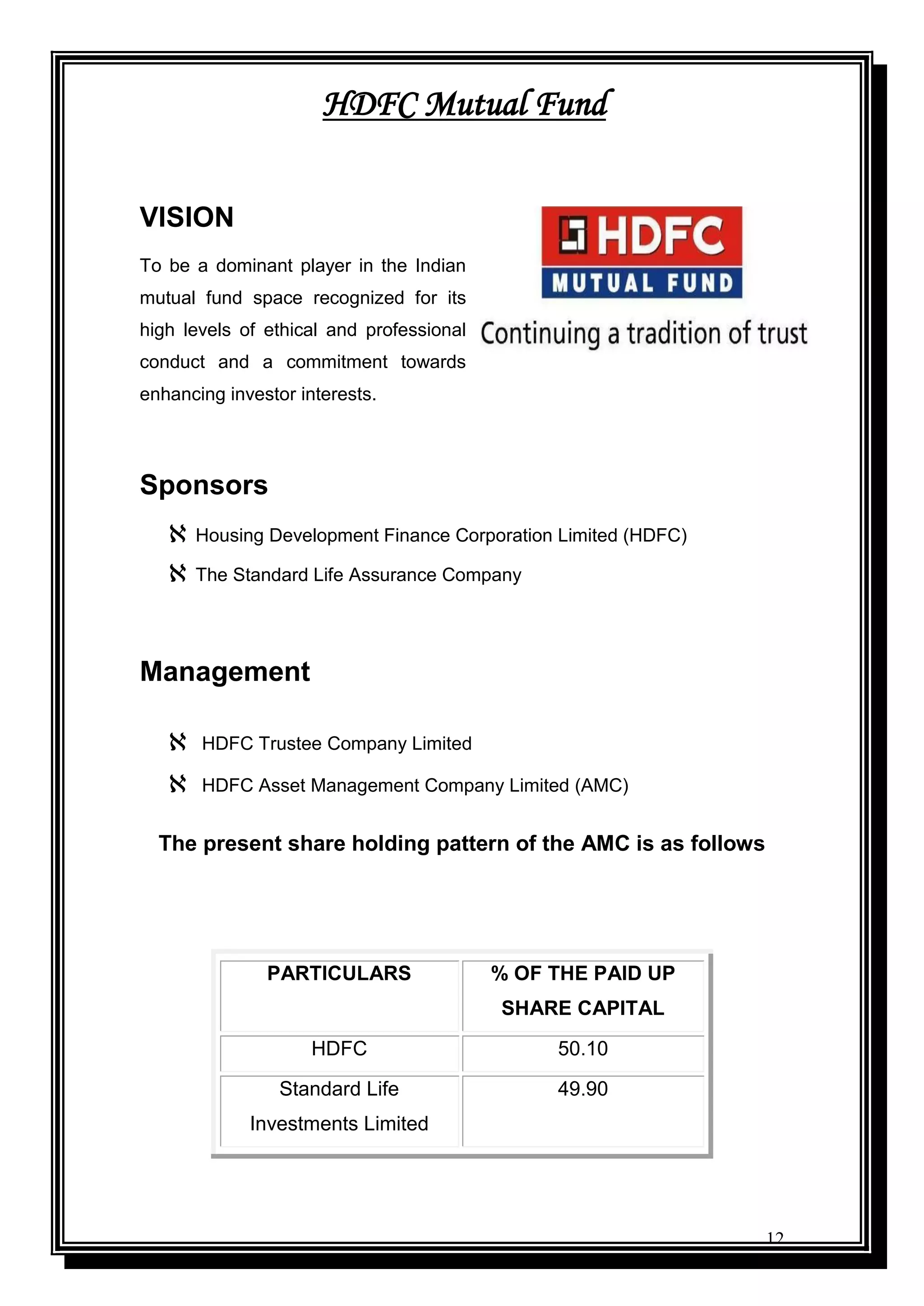 12
HDFC Mutual Fund
VISION
To be a dominant player in the Indian
mutual fund space recognized for its
high levels of ethical and professional
conduct and a commitment towards
enhancing investor interests.
Sponsors
 Housing Development Finance Corporation Limited (HDFC)
 The Standard Life Assurance Company
Management
 HDFC Trustee Company Limited
 HDFC Asset Management Company Limited (AMC)
The present share holding pattern of the AMC is as follows
PARTICULARS % OF THE PAID UP
SHARE CAPITAL
HDFC 50.10
Standard Life
Investments Limited
49.90
 