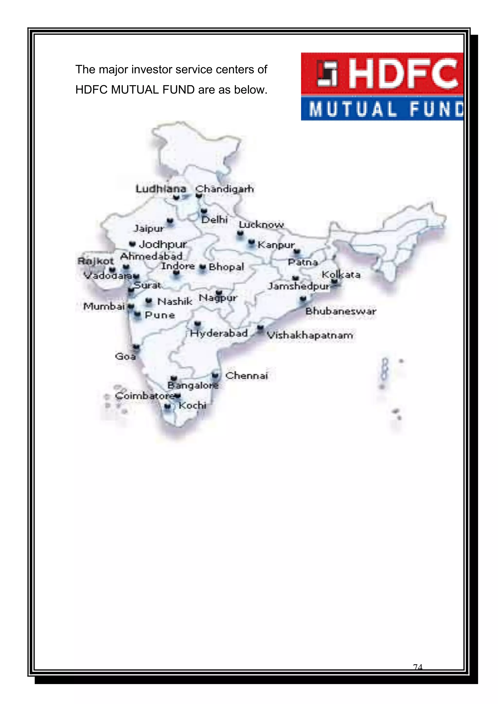 74
The major investor service centers of
HDFC MUTUAL FUND are as below.
 