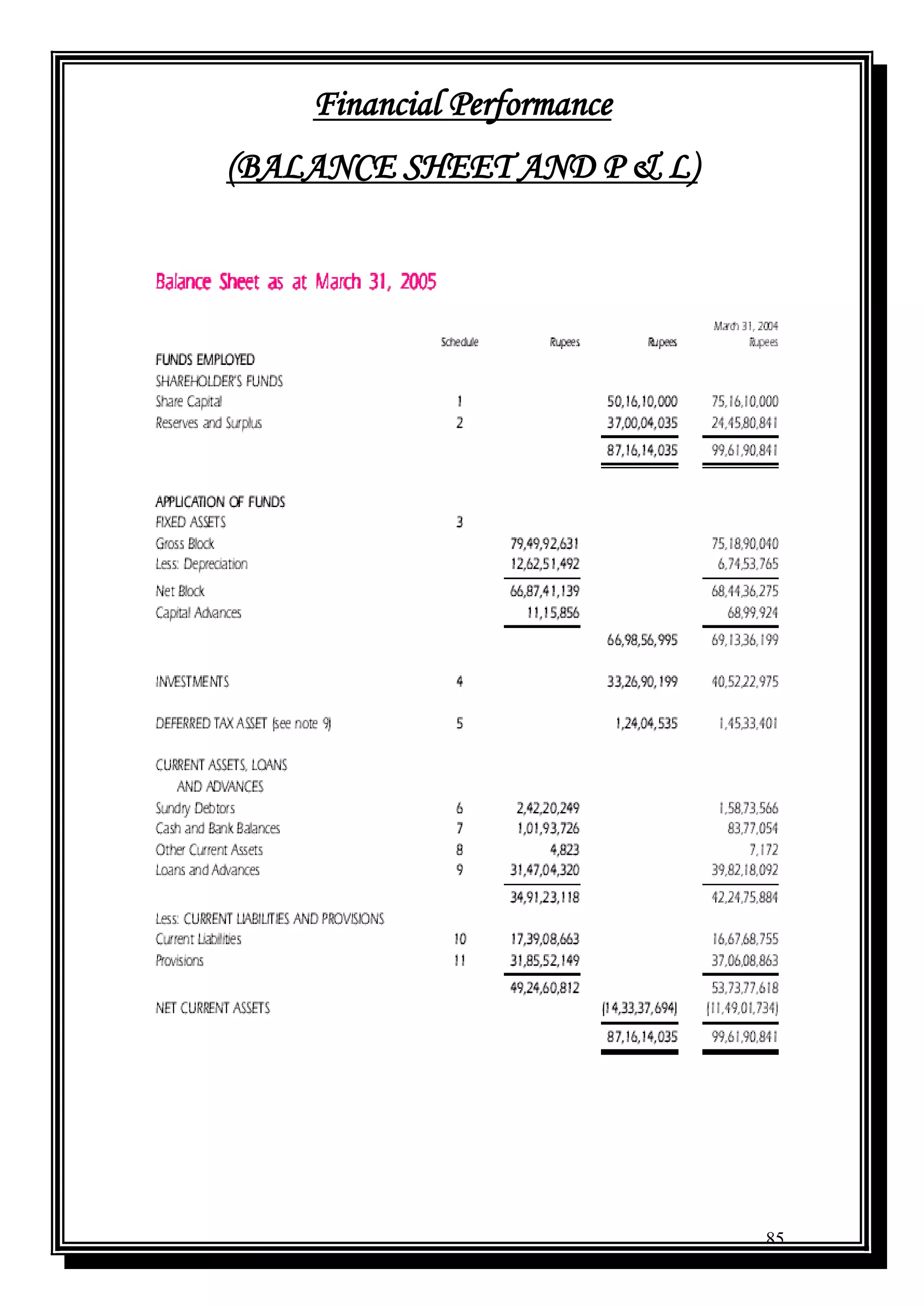 85
Financial Performance
(BALANCE SHEET AND P & L)
 