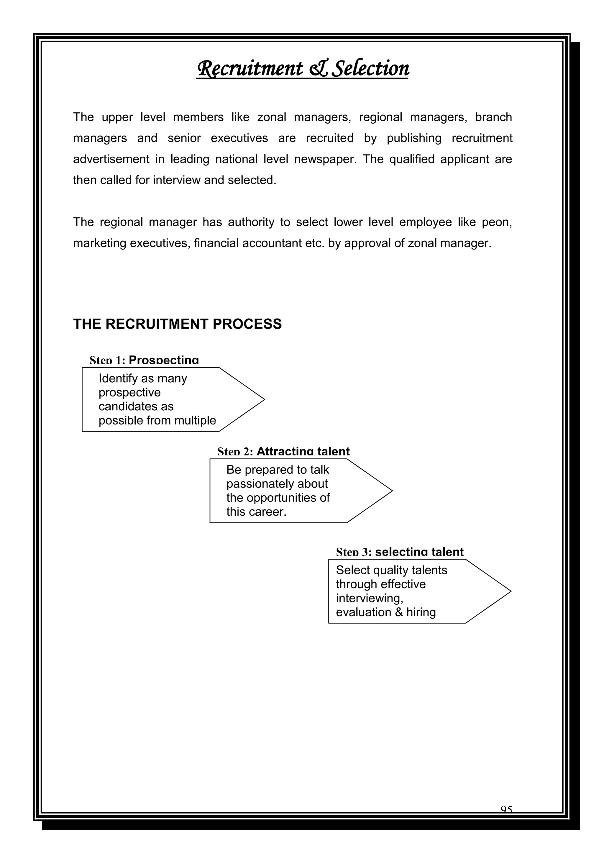 95
Recruitment & Selection
The upper level members like zonal managers, regional managers, branch
managers and senior executives are recruited by publishing recruitment
advertisement in leading national level newspaper. The qualified applicant are
then called for interview and selected.
The regional manager has authority to select lower level employee like peon,
marketing executives, financial accountant etc. by approval of zonal manager.
THE RECRUITMENT PROCESS
Identify as many
prospective
candidates as
possible from multiple
sources.
Be prepared to talk
passionately about
the opportunities of
this career.
Select quality talents
through effective
interviewing,
evaluation & hiring
practices.
Step 1: Prospecting
Step 2: Attracting talent
Step 3: selecting talent
 