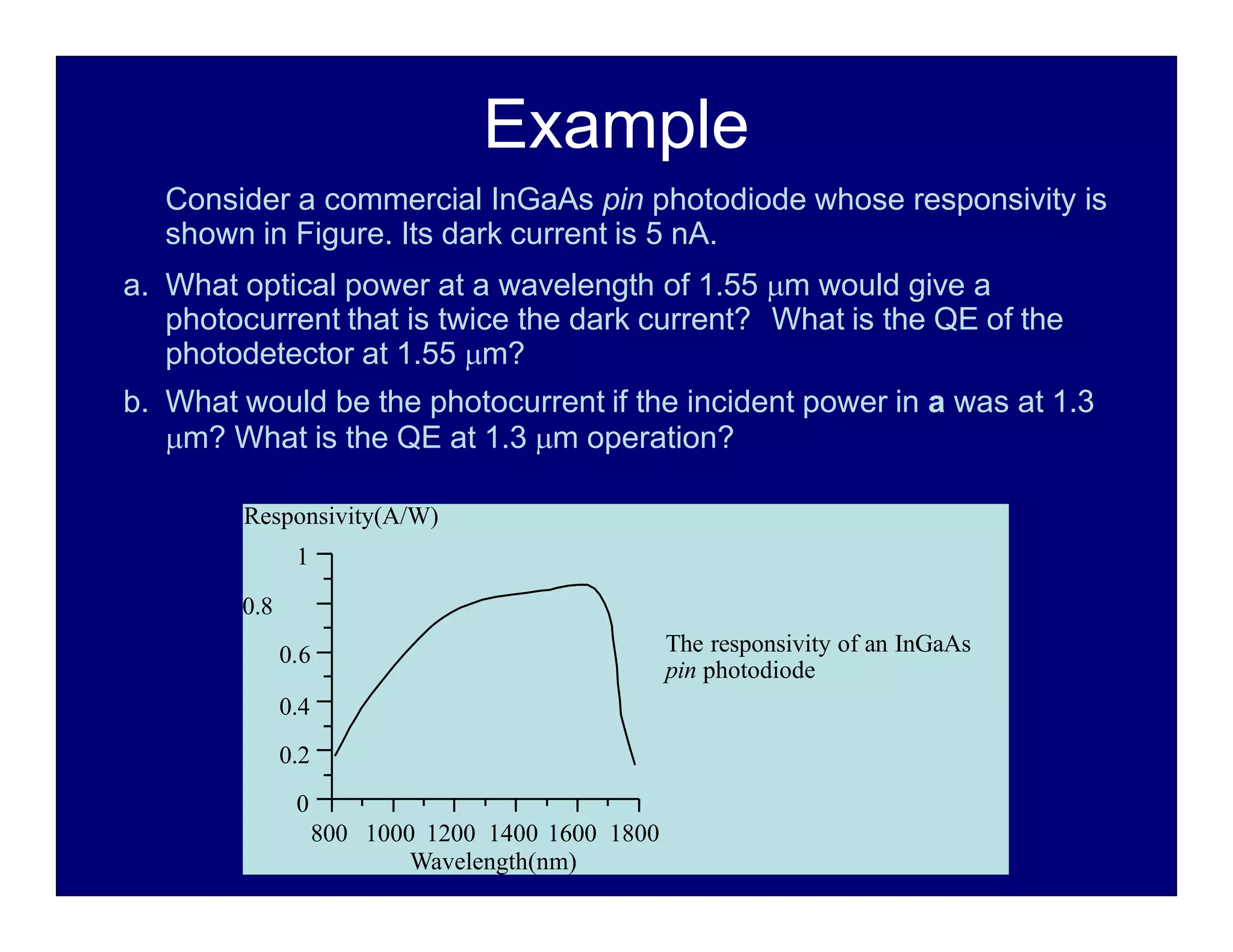 Example
Consider a commercial InGaAs pin photodiode whose responsivity is
shown in Figure. Its dark current is 5 nA.
a. What optical power at a wavelength of 1.55 m would give a
photocurrent that is twice the dark current? What is the QE of the
photodetector at 1.55 m?
b. What would be the photocurrent if the incident power in a was at 1.3
m? What is the QE at 1.3 m operation?
0.6
0.4
0.2
0
800 1000 1200 1400 1600 1800
Wavelength(nm)
The responsivity of an InGaAs
pin photodiode
Responsivity(A/W)
1
0.8
 