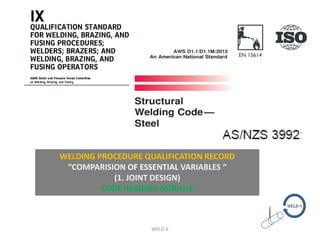 WELDING PROCEDURE QUALIFICATION RECORD
“COMPARISION OF ESSENTIAL VARIABLES “
(1. JOINT DESIGN)
CODE READING MODULE
WELD 6
 