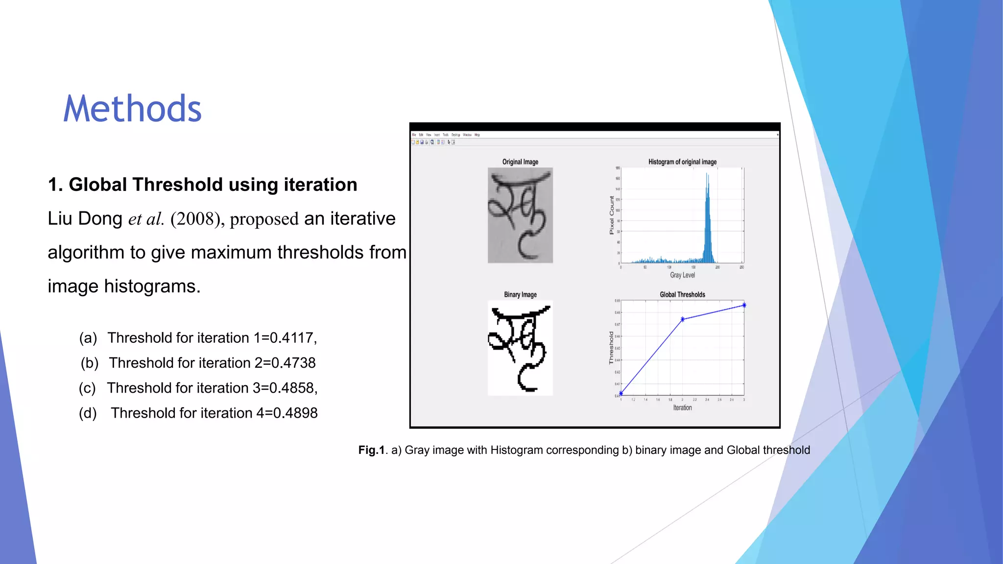 Methods
(a) Threshold for iteration 1=0.4117,
(b) Threshold for iteration 2=0.4738
(c) Threshold for iteration 3=0.4858,
(d) Threshold for iteration 4=0.4898
1. Global Threshold using iteration
Liu Dong et al. (2008), proposed an iterative
algorithm to give maximum thresholds from
image histograms.
Fig.1. a) Gray image with Histogram corresponding b) binary image and Global threshold
 