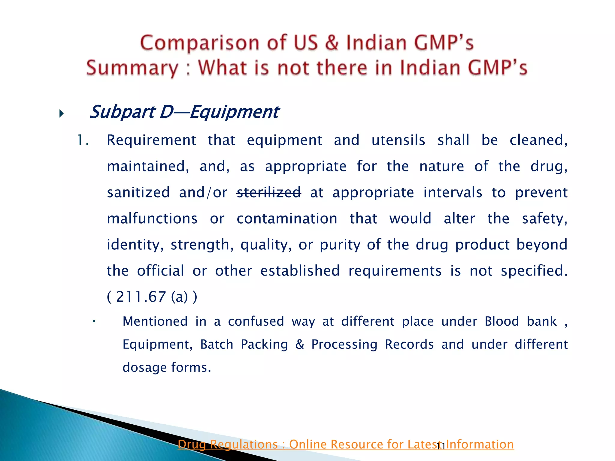 11
 Subpart D—Equipment
1. Requirement that equipment and utensils shall be cleaned,
maintained, and, as appropriate for the nature of the drug,
sanitized and/or sterilized at appropriate intervals to prevent
malfunctions or contamination that would alter the safety,
identity, strength, quality, or purity of the drug product beyond
the official or other established requirements is not specified.
( 211.67 (a) )
 Mentioned in a confused way at different place under Blood bank ,
Equipment, Batch Packing & Processing Records and under different
dosage forms.
Drug Regulations : Online Resource for Latest Information
 