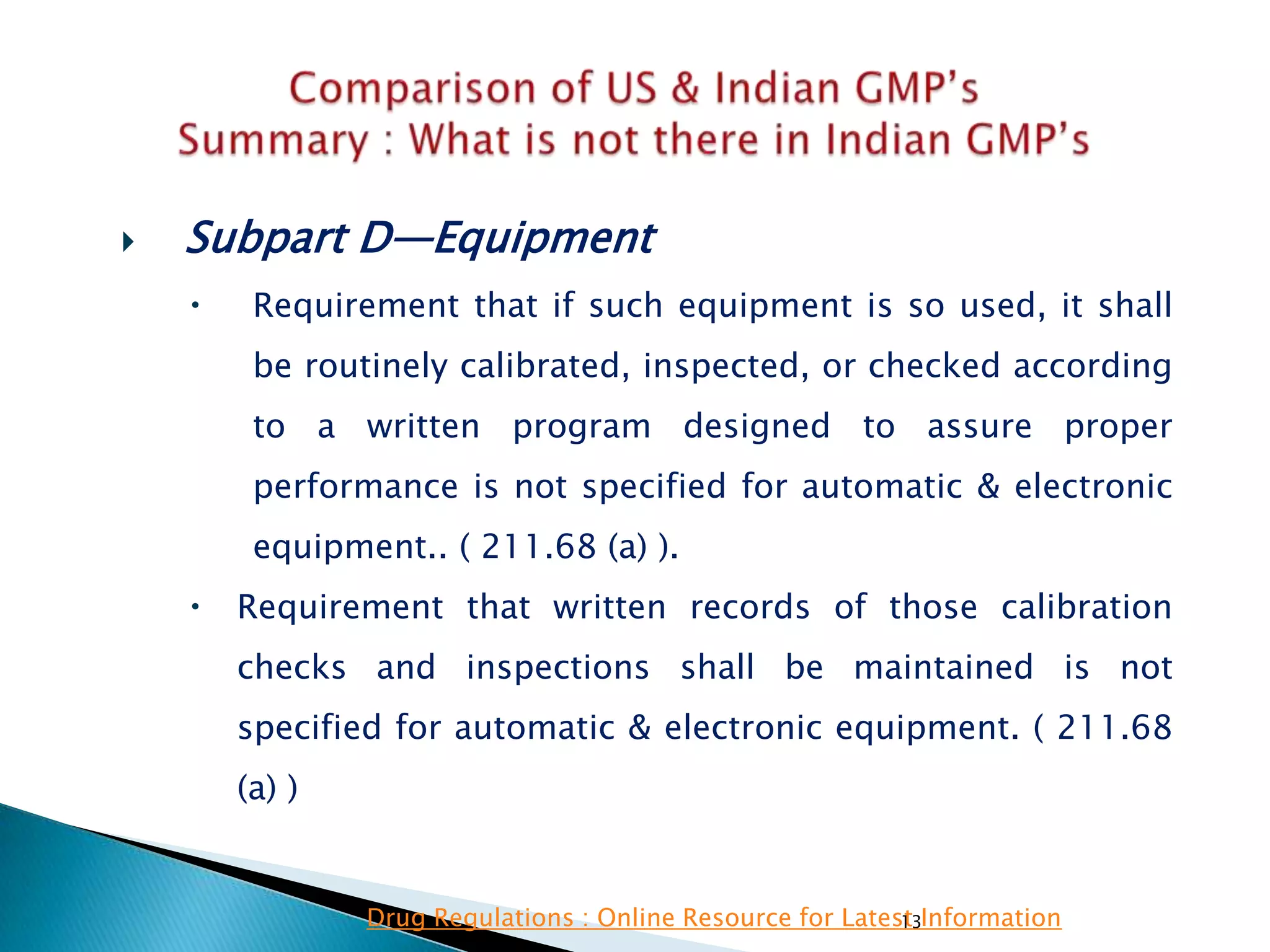 13
 Subpart D—Equipment
 Requirement that if such equipment is so used, it shall
be routinely calibrated, inspected, or checked according
to a written program designed to assure proper
performance is not specified for automatic & electronic
equipment.. ( 211.68 (a) ).
 Requirement that written records of those calibration
checks and inspections shall be maintained is not
specified for automatic & electronic equipment. ( 211.68
(a) )
Drug Regulations : Online Resource for Latest Information
 