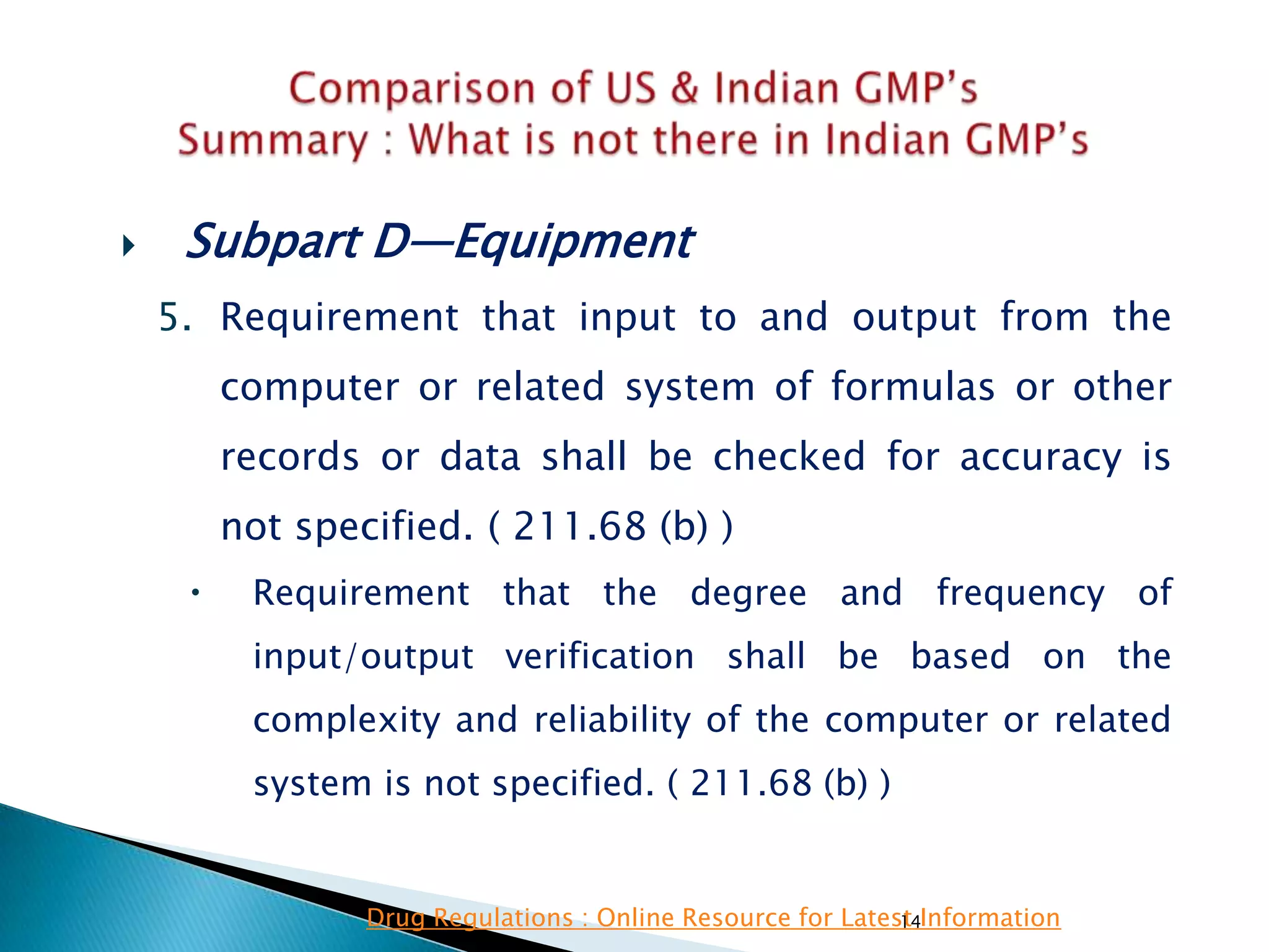 14
 Subpart D—Equipment
5. Requirement that input to and output from the
computer or related system of formulas or other
records or data shall be checked for accuracy is
not specified. ( 211.68 (b) )
 Requirement that the degree and frequency of
input/output verification shall be based on the
complexity and reliability of the computer or related
system is not specified. ( 211.68 (b) )
Drug Regulations : Online Resource for Latest Information
 
