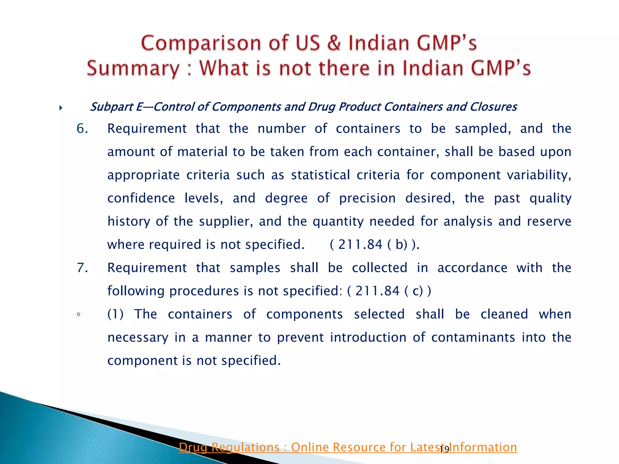 19
 Subpart E—Control of Components and Drug Product Containers and Closures
6. Requirement that the number of containers to be sampled, and the
amount of material to be taken from each container, shall be based upon
appropriate criteria such as statistical criteria for component variability,
confidence levels, and degree of precision desired, the past quality
history of the supplier, and the quantity needed for analysis and reserve
where required is not specified. ( 211.84 ( b) ).
7. Requirement that samples shall be collected in accordance with the
following procedures is not specified: ( 211.84 ( c) )
◦ (1) The containers of components selected shall be cleaned when
necessary in a manner to prevent introduction of contaminants into the
component is not specified.
Drug Regulations : Online Resource for Latest Information
 